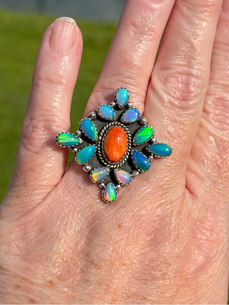 925 Sterling Silver Spiny Oyster Australian Opal Statement Ring 129$